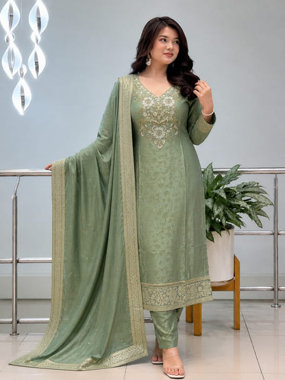 Pure Malay Glass Tissue Kanjivaram Hand Work Neck Kurta Set with Pant & Dupatta