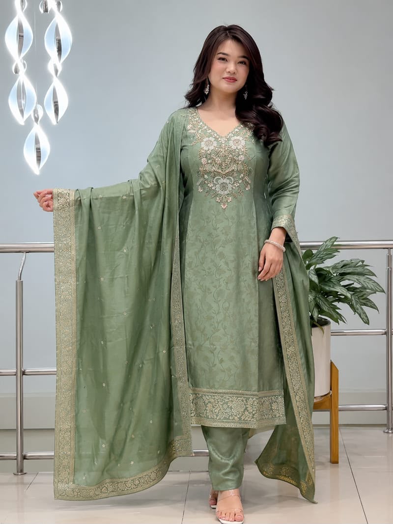 Pure Malay Glass Tissue Kanjivaram Hand Work Neck Kurta Set with Pant & Dupatta