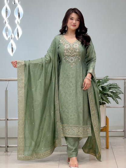 Pure Malay Glass Tissue Kanjivaram Hand Work Neck Kurta Set with Pant & Dupatta
