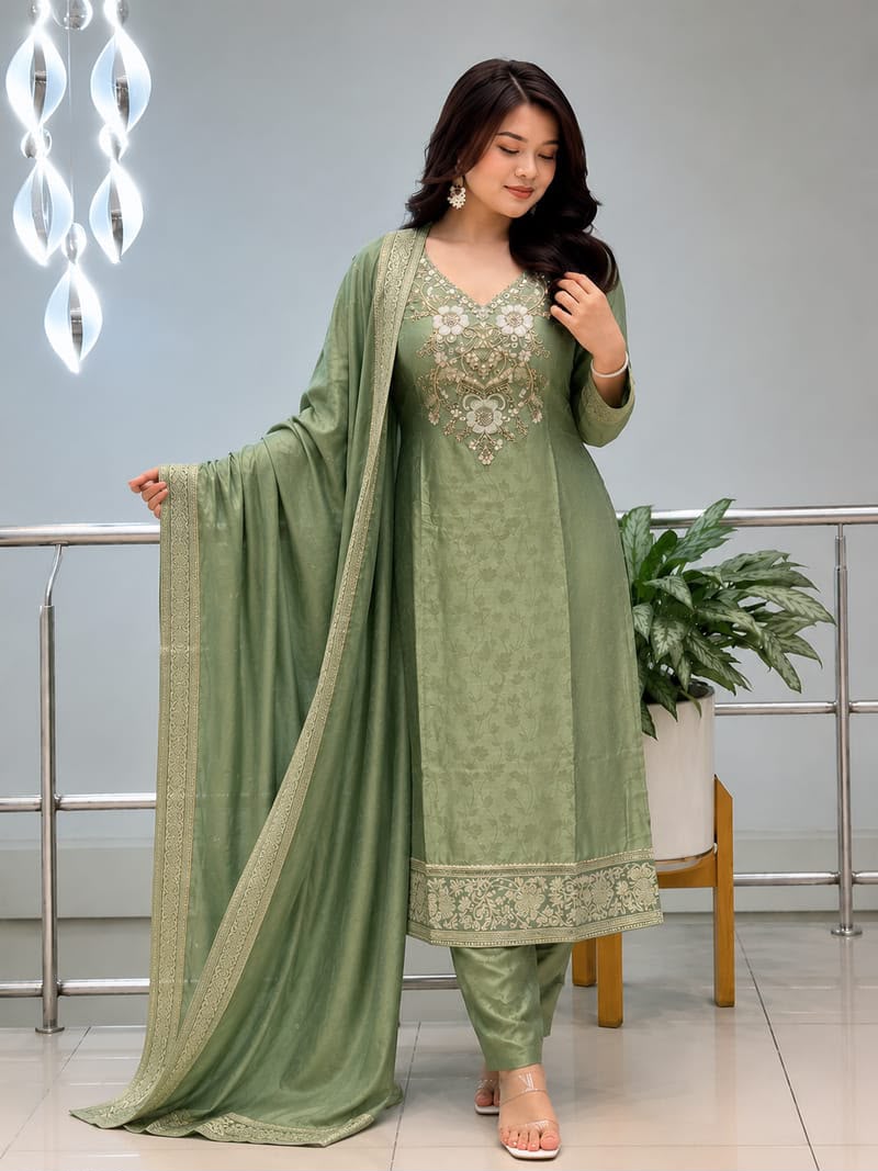 Pure Malay Glass Tissue Kanjivaram Hand Work Neck Kurta Set with Pant & Dupatta