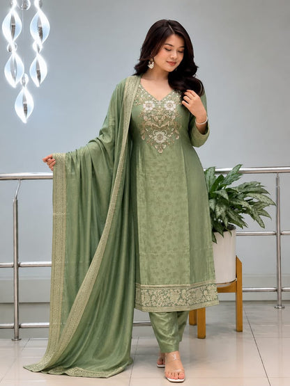 Pure Malay Glass Tissue Kanjivaram Hand Work Neck Kurta Set with Pant & Dupatta
