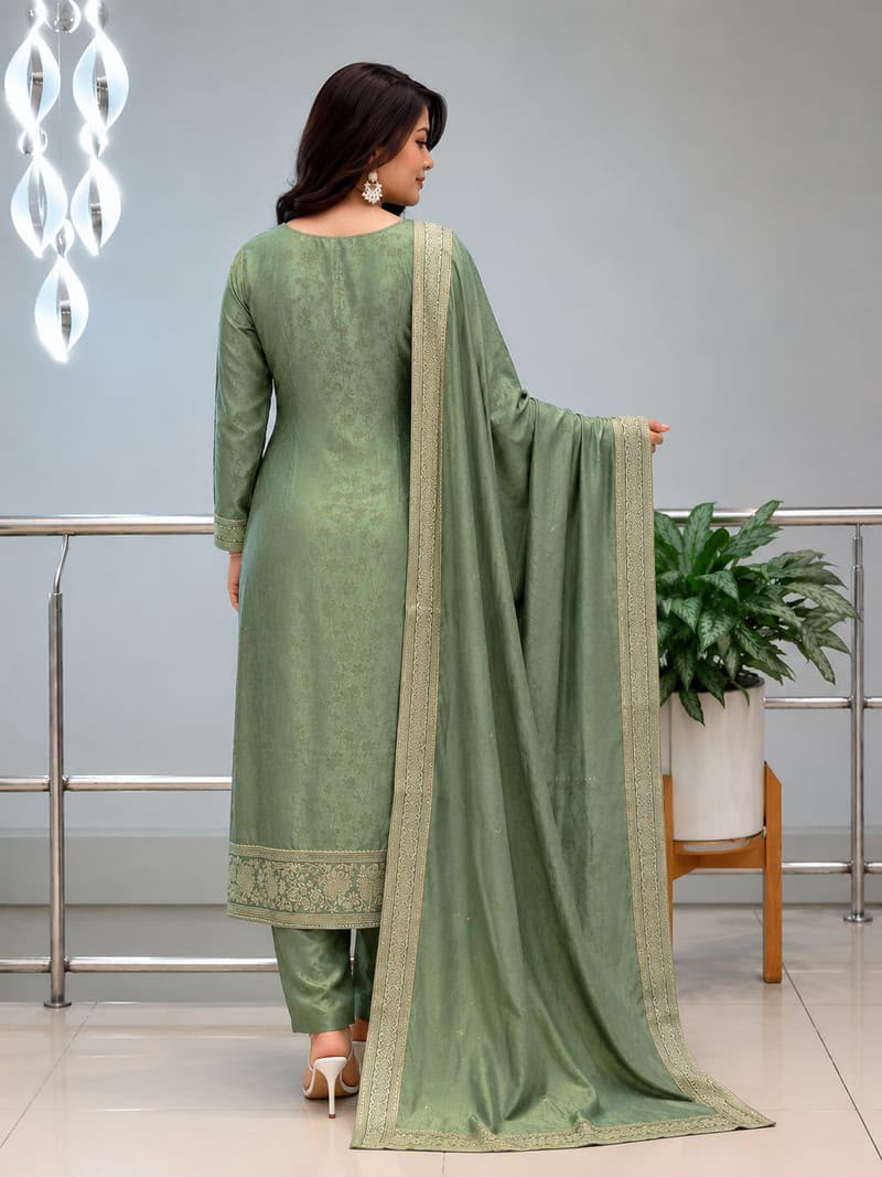 Pure Malay Glass Tissue Kanjivaram Hand Work Neck Kurta Set with Pant & Dupatta