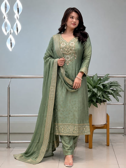 Pure Malay Glass Tissue Kanjivaram Hand Work Neck Kurta Set with Pant & Dupatta