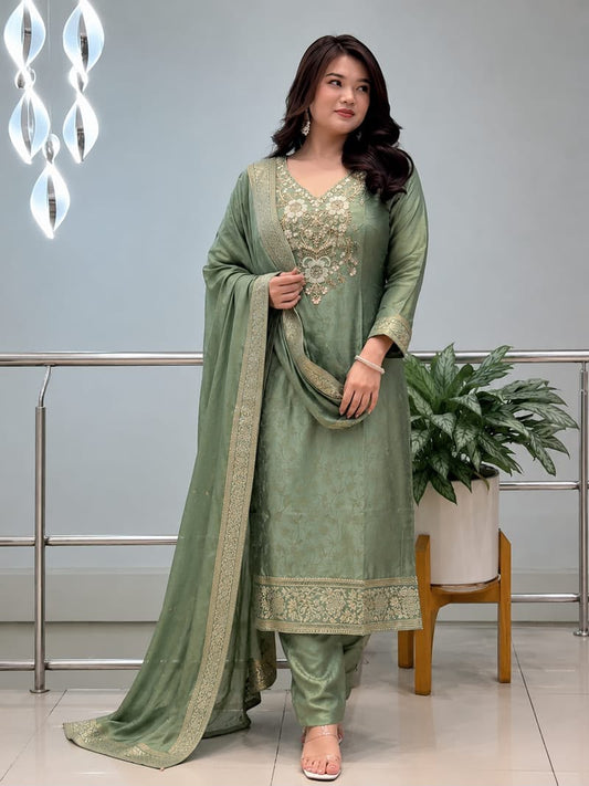 Pure Malay Glass Tissue Kanjivaram Hand Work Neck Kurta Set with Pant & Dupatta