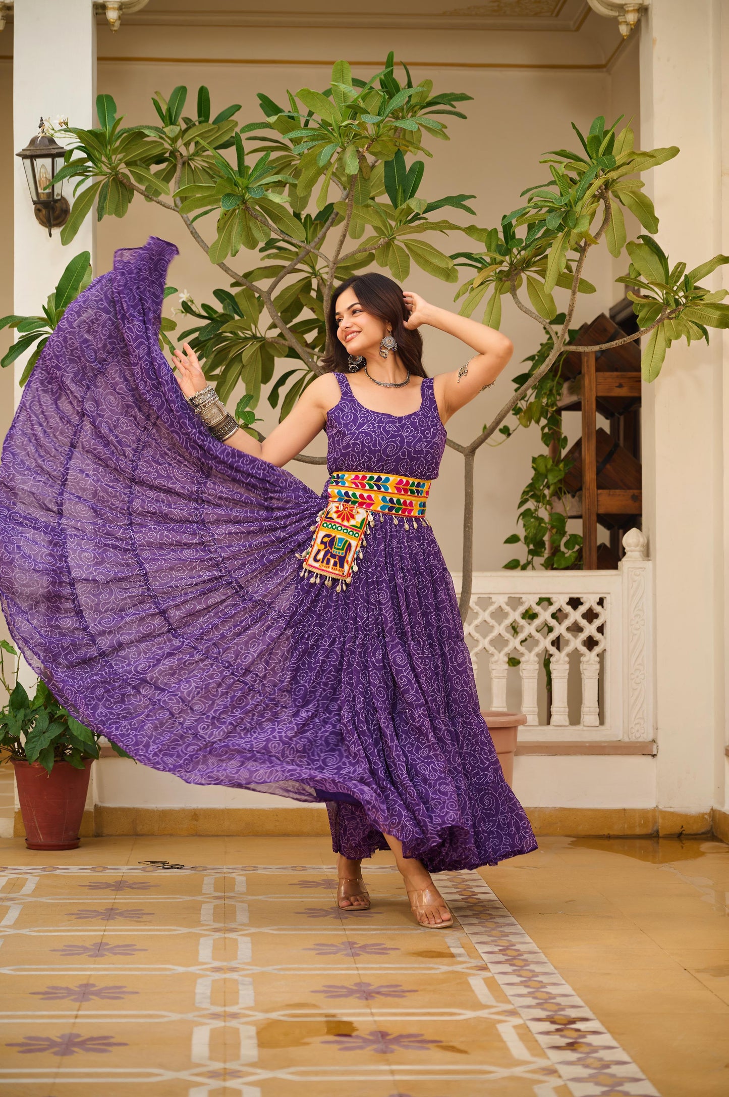 Navratri Special Bandhani Print Gamathi Work Gown with Pocket Purse