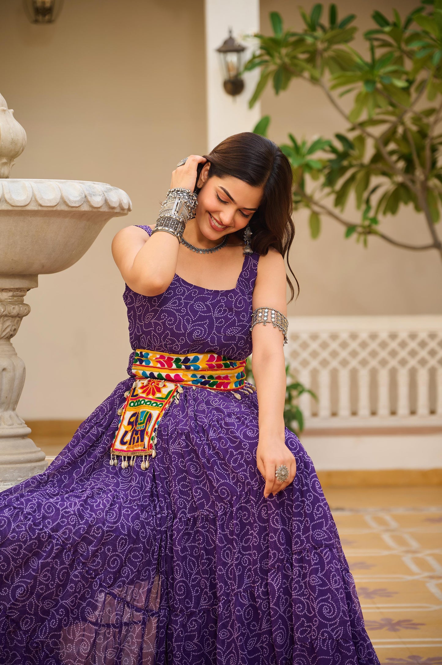 Navratri Special Bandhani Print Gamathi Work Gown with Pocket Purse