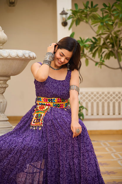 Navratri Special Bandhani Print Gamathi Work Gown with Pocket Purse