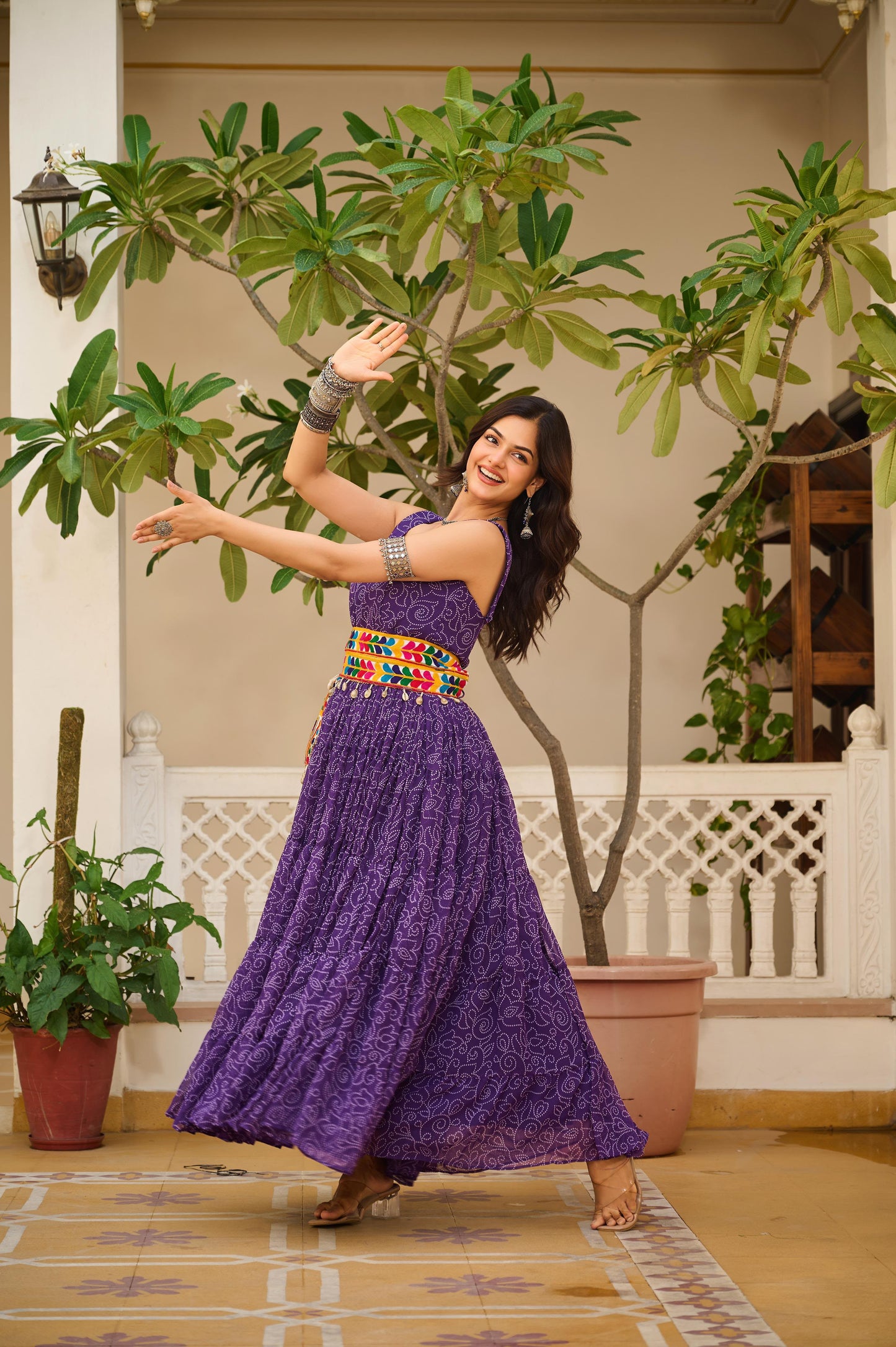 Navratri Special Bandhani Print Gamathi Work Gown with Pocket Purse