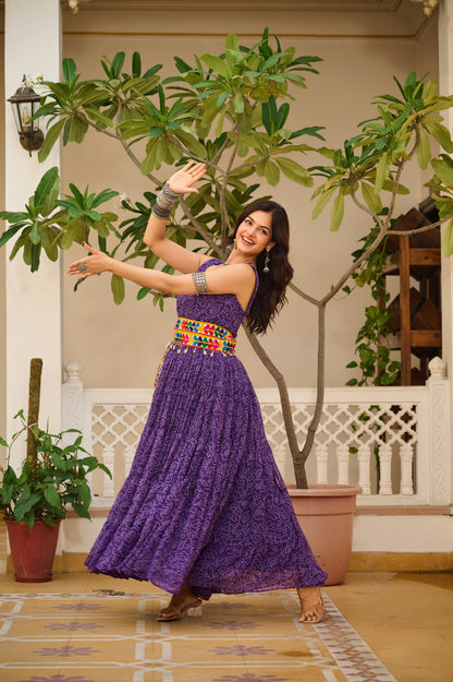 Navratri Special Bandhani Print Gamathi Work Gown with Pocket Purse