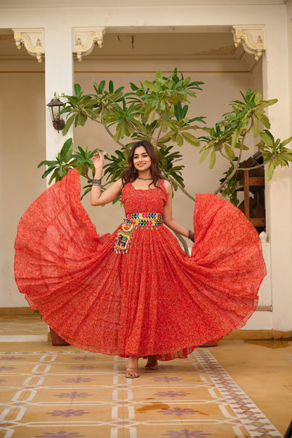 Navratri Special Bandhani Print Gamathi Work Gown with Pocket Purse