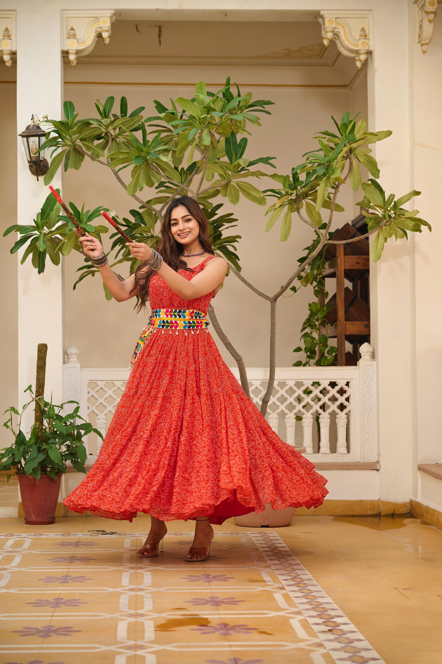Navratri Special Bandhani Print Gamathi Work Gown with Pocket Purse