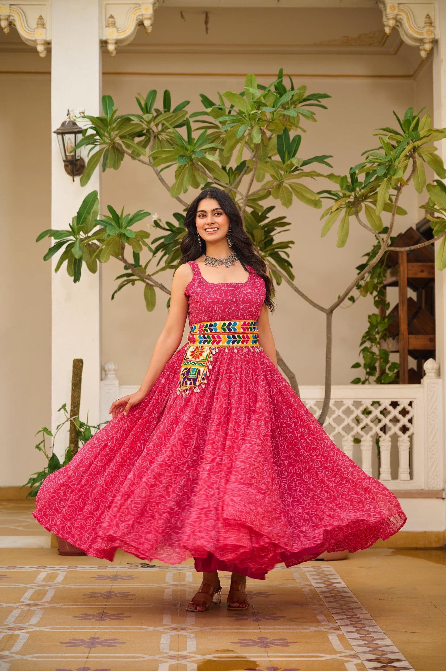 Navratri Special Bandhani Print Gamathi Work Gown with Pocket Purse