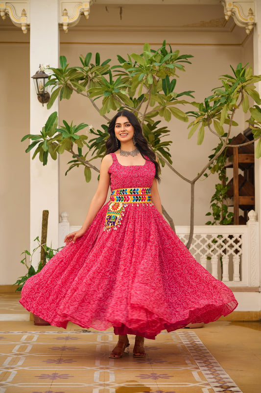 Navratri Special Bandhani Print Gamathi Work Gown with Pocket Purse