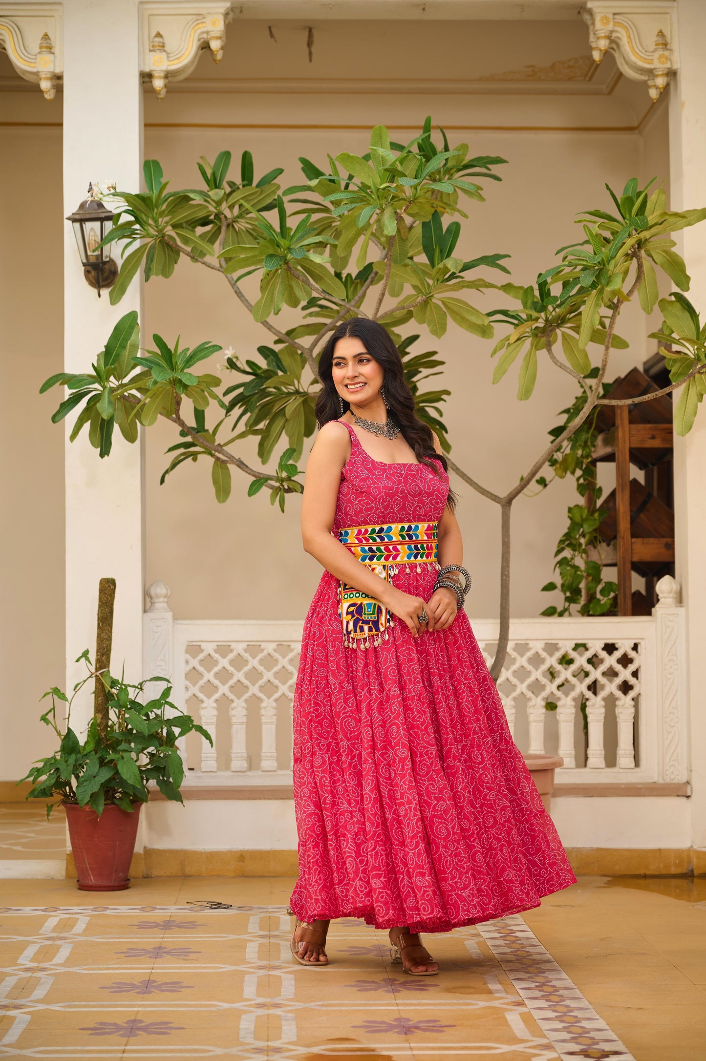 Navratri Special Bandhani Print Gamathi Work Gown with Pocket Purse