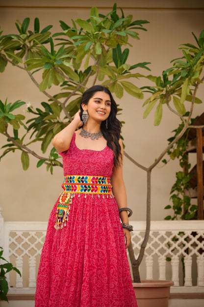Navratri Special Bandhani Print Gamathi Work Gown with Pocket Purse