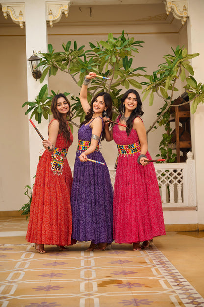 Navratri Special Bandhani Print Gamathi Work Gown with Pocket Purse