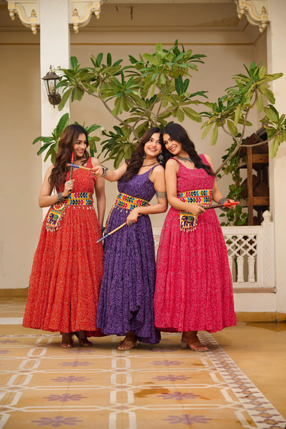 Navratri Special Bandhani Print Gamathi Work Gown with Pocket Purse
