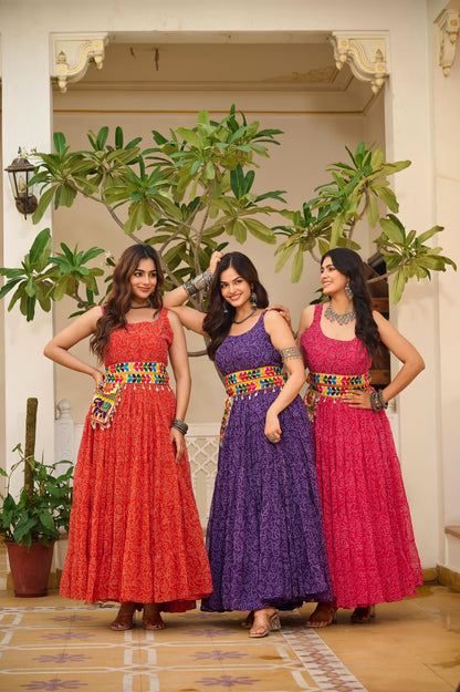 Navratri Special Bandhani Print Gamathi Work Gown with Pocket Purse