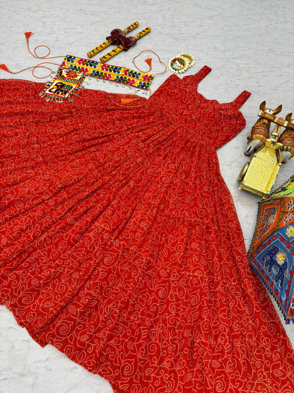 Navratri Special Bandhani Print Gamathi Work Gown with Pocket Purse