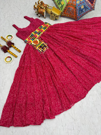 Navratri Special Bandhani Print Gamathi Work Gown with Pocket Purse