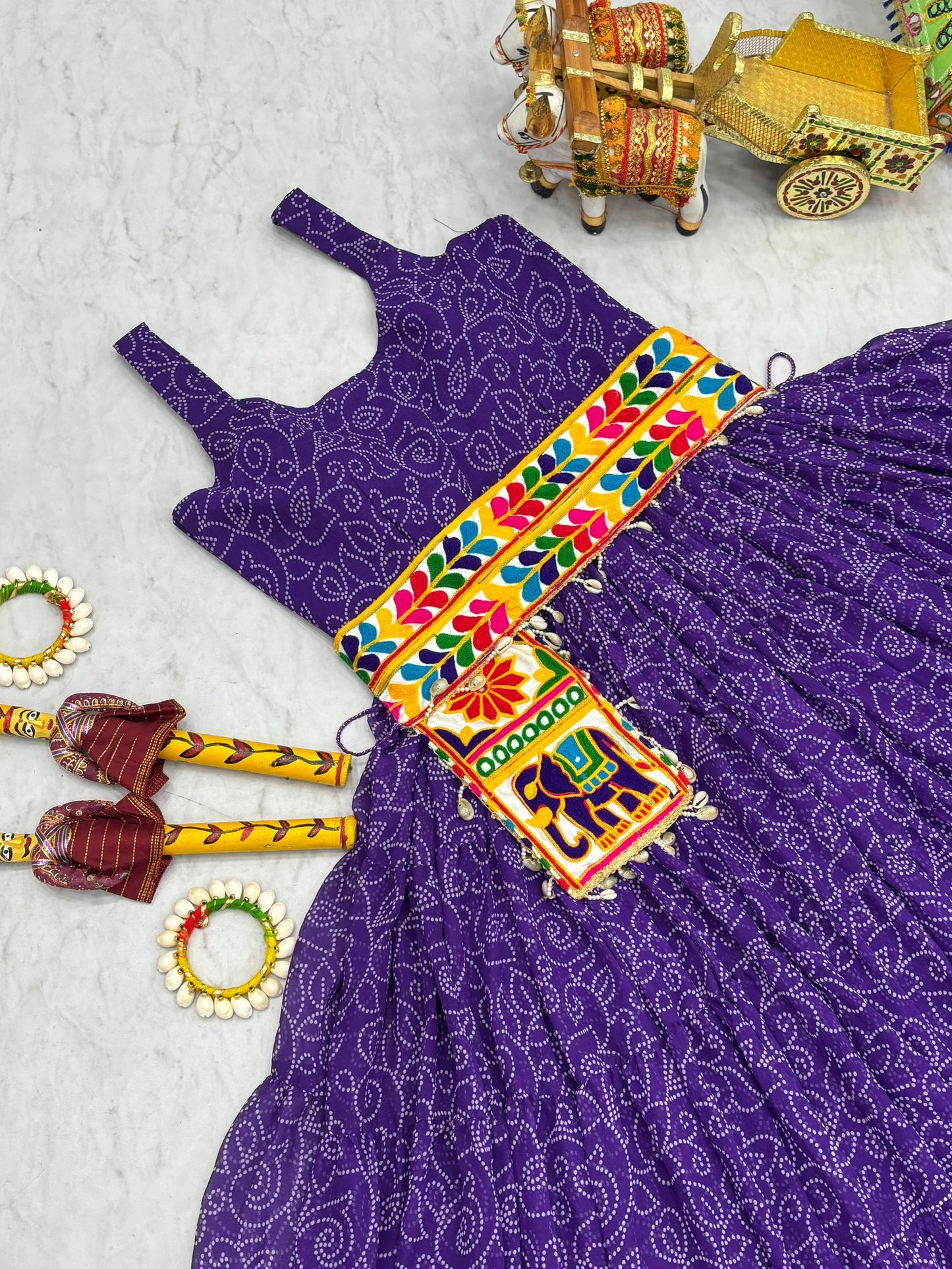 Navratri Special Bandhani Print Gamathi Work Gown with Pocket Purse