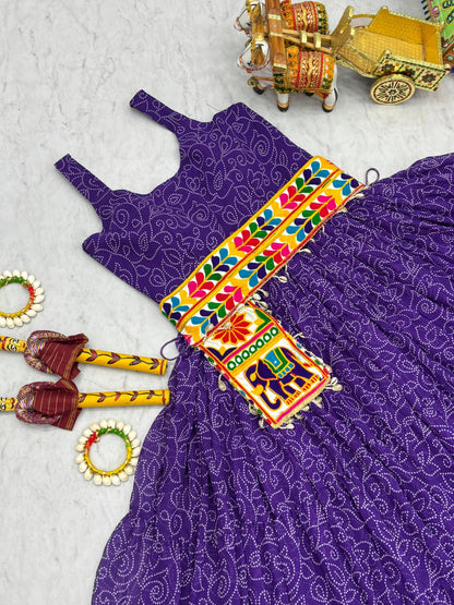 Navratri Special Bandhani Print Gamathi Work Gown with Pocket Purse