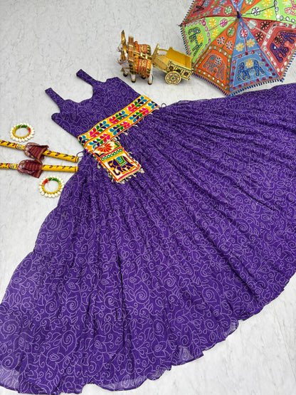 Navratri Special Bandhani Print Gamathi Work Gown with Pocket Purse