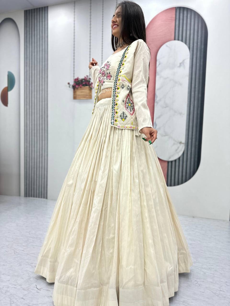 Festival Special Pure Tissue Shimmer Crop Top Lehenga Set with Jacket