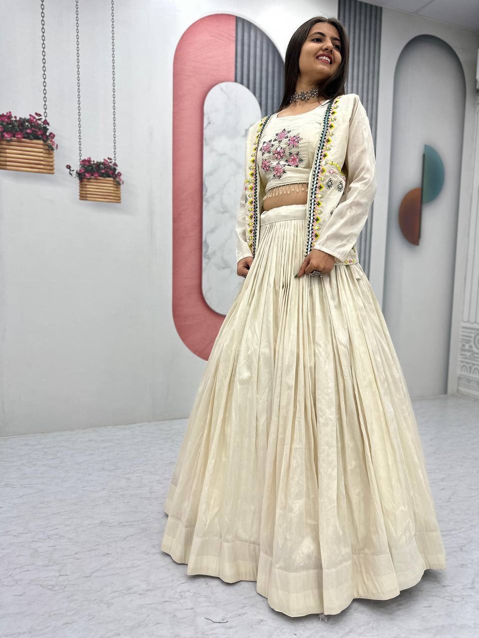 Festival Special Pure Tissue Shimmer Crop Top Lehenga Set with Jacket