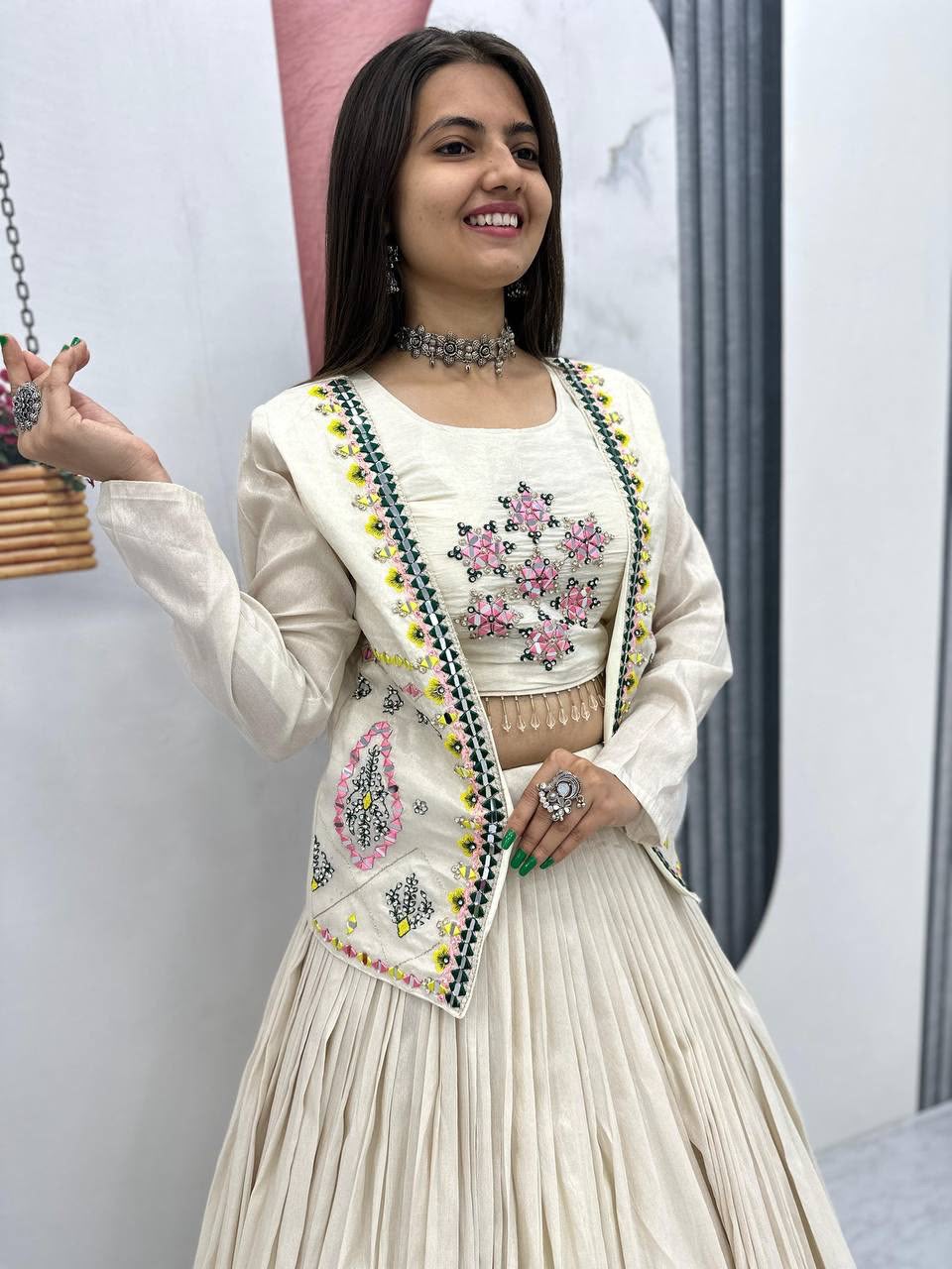 Festival Special Pure Tissue Shimmer Crop Top Lehenga Set with Jacket