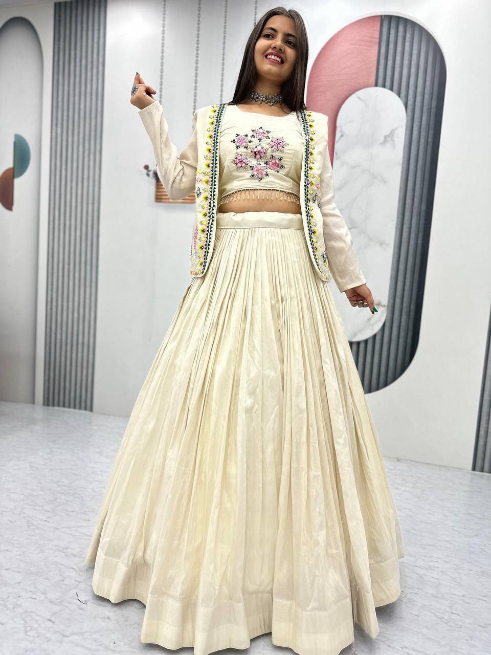 Festival Special Pure Tissue Shimmer Crop Top Lehenga Set with Jacket