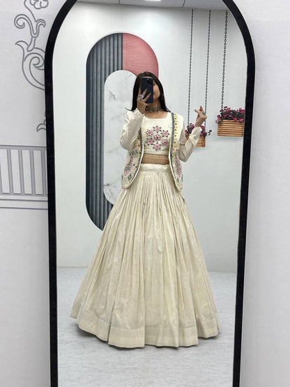 Festival Special Pure Tissue Shimmer Crop Top Lehenga Set with Jacket