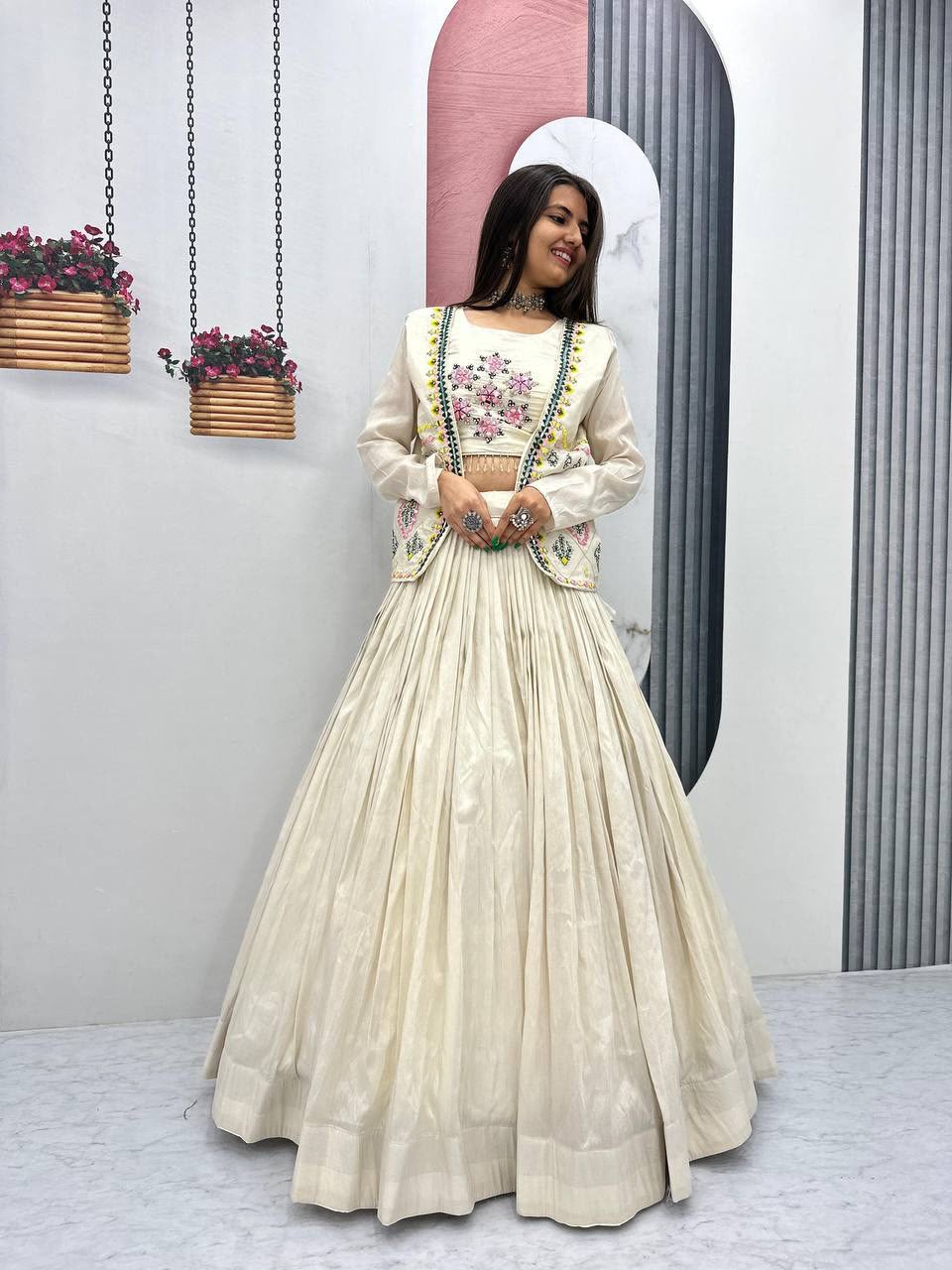 Festival Special Pure Tissue Shimmer Crop Top Lehenga Set with Jacket