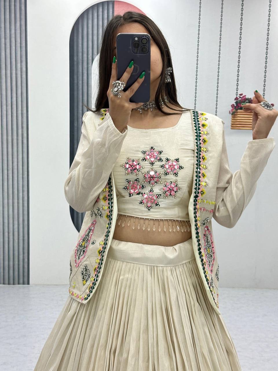 Festival Special Pure Tissue Shimmer Crop Top Lehenga Set with Jacket