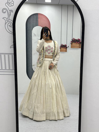 Festival Special Pure Tissue Shimmer Crop Top Lehenga Set with Jacket