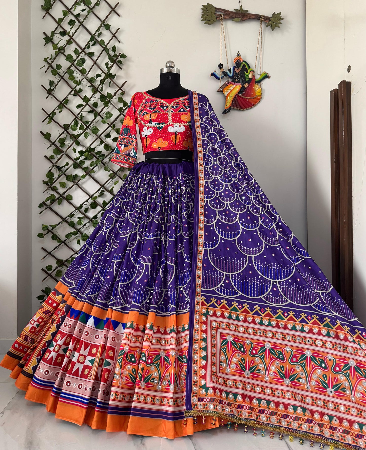 Navratri Special Muslin Cotton Chaniya Choli Set with Real Mirror Work