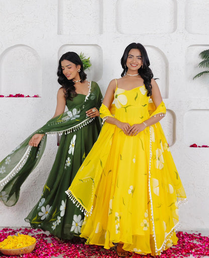 Floral Printed Organza Anarkali Gown Set with Bottom & Dupatta