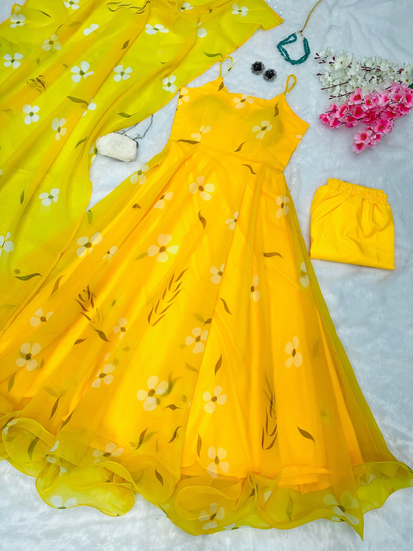 Floral Printed Organza Anarkali Gown Set with Bottom & Dupatta