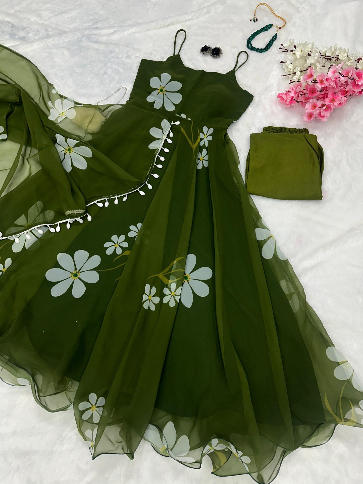 Floral Printed Organza Anarkali Gown Set with Bottom & Dupatta