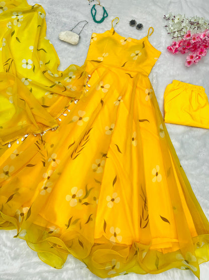 Floral Printed Organza Anarkali Gown Set with Bottom & Dupatta