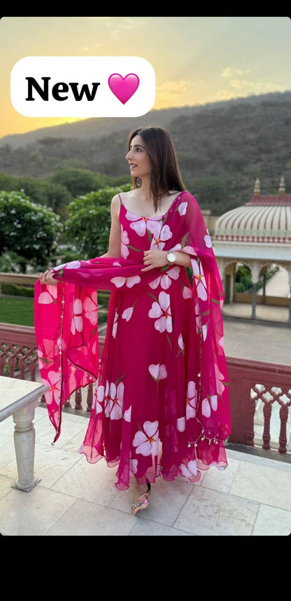 Floral Printed Organza Anarkali Gown Set with Bottom & Dupatta