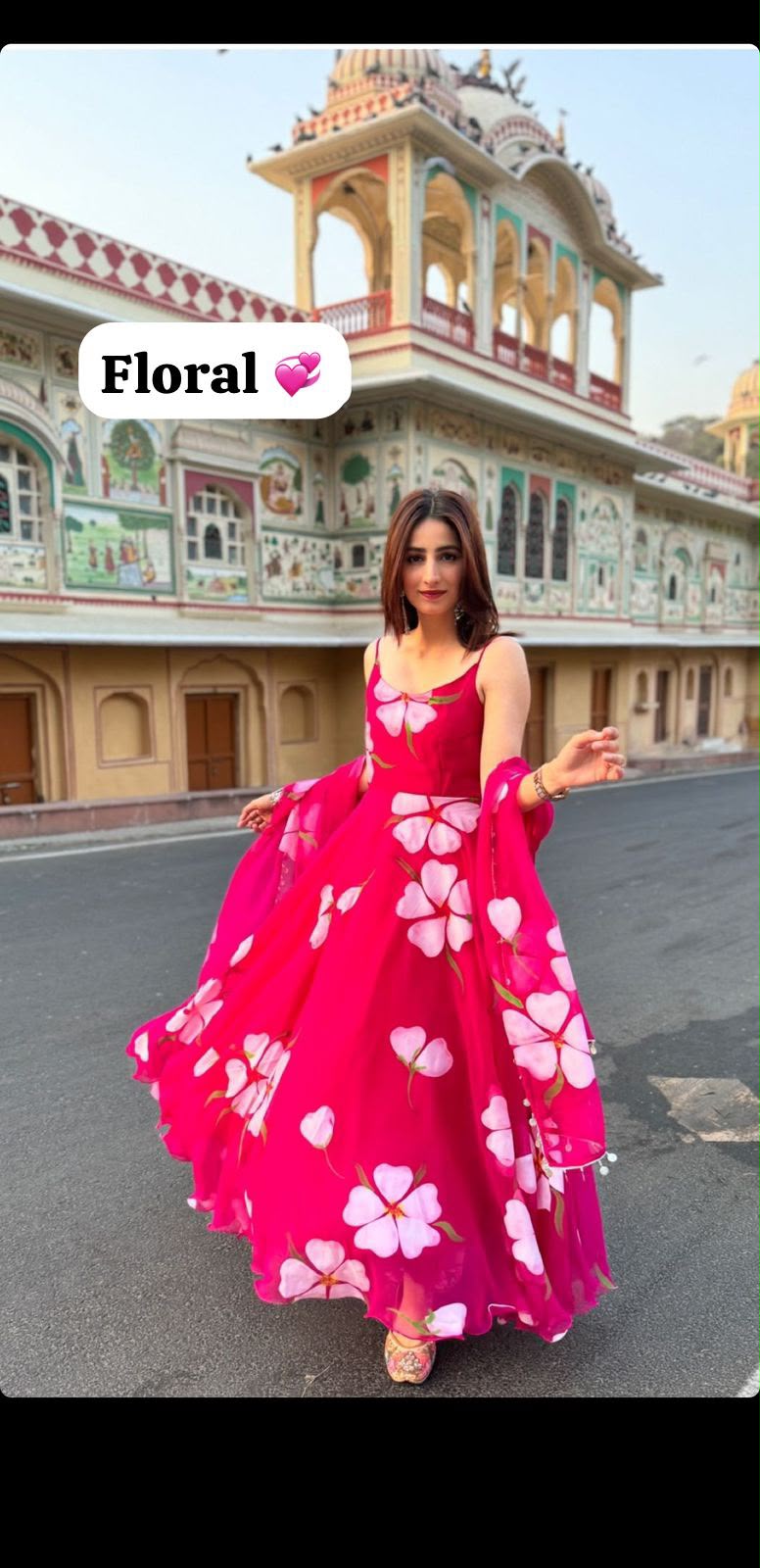 Floral Printed Organza Anarkali Gown Set with Bottom & Dupatta