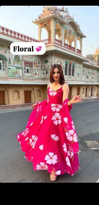 Floral Printed Organza Anarkali Gown Set with Bottom & Dupatta