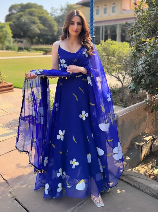 Floral Printed Organza Anarkali Gown Set with Bottom & Dupatta