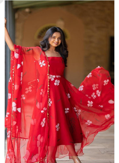 Floral Printed Organza Anarkali Gown Set with Bottom & Dupatta