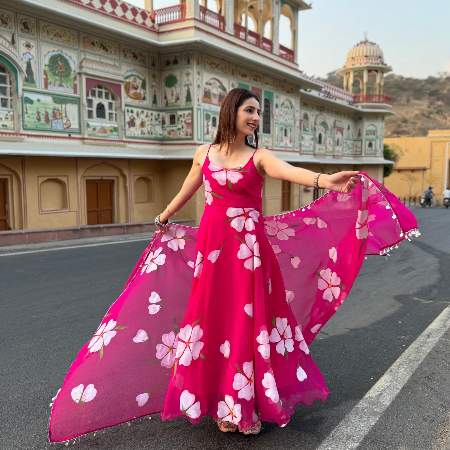 Floral Printed Organza Anarkali Gown Set with Bottom & Dupatta
