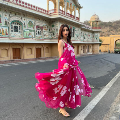 Floral Printed Organza Anarkali Gown Set with Bottom & Dupatta