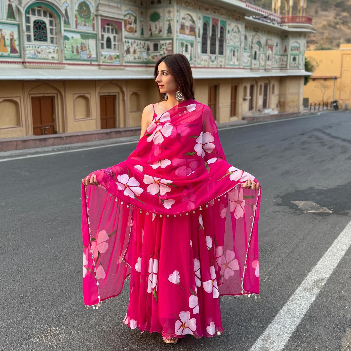 Floral Printed Organza Anarkali Gown Set with Bottom & Dupatta