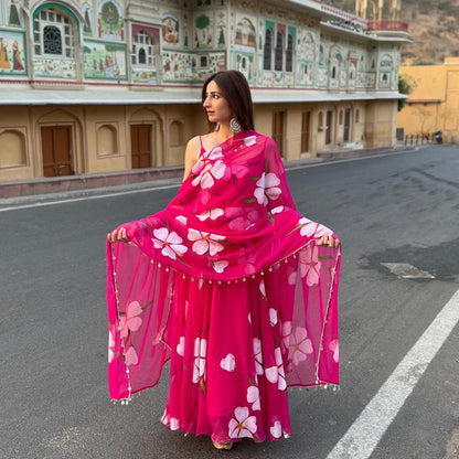 Floral Printed Organza Anarkali Gown Set with Bottom & Dupatta