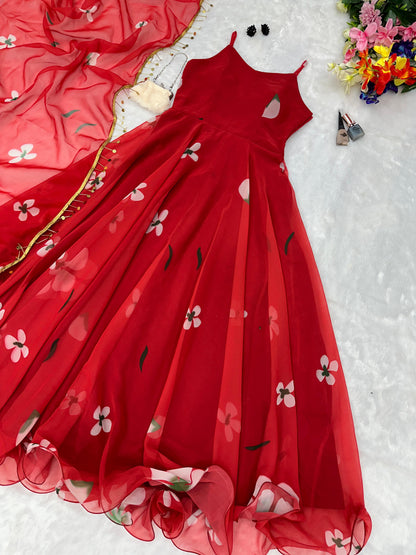 Floral Printed Organza Anarkali Gown Set with Bottom & Dupatta